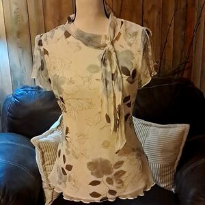 Worthington Silk Floral Chiffon Blouse With Keyhole & Bow Detail Size 8